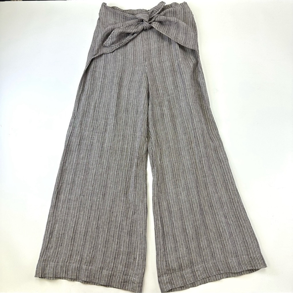 Anthropologie linen wide leg pant Large stripe brown white tie front Lagenlook